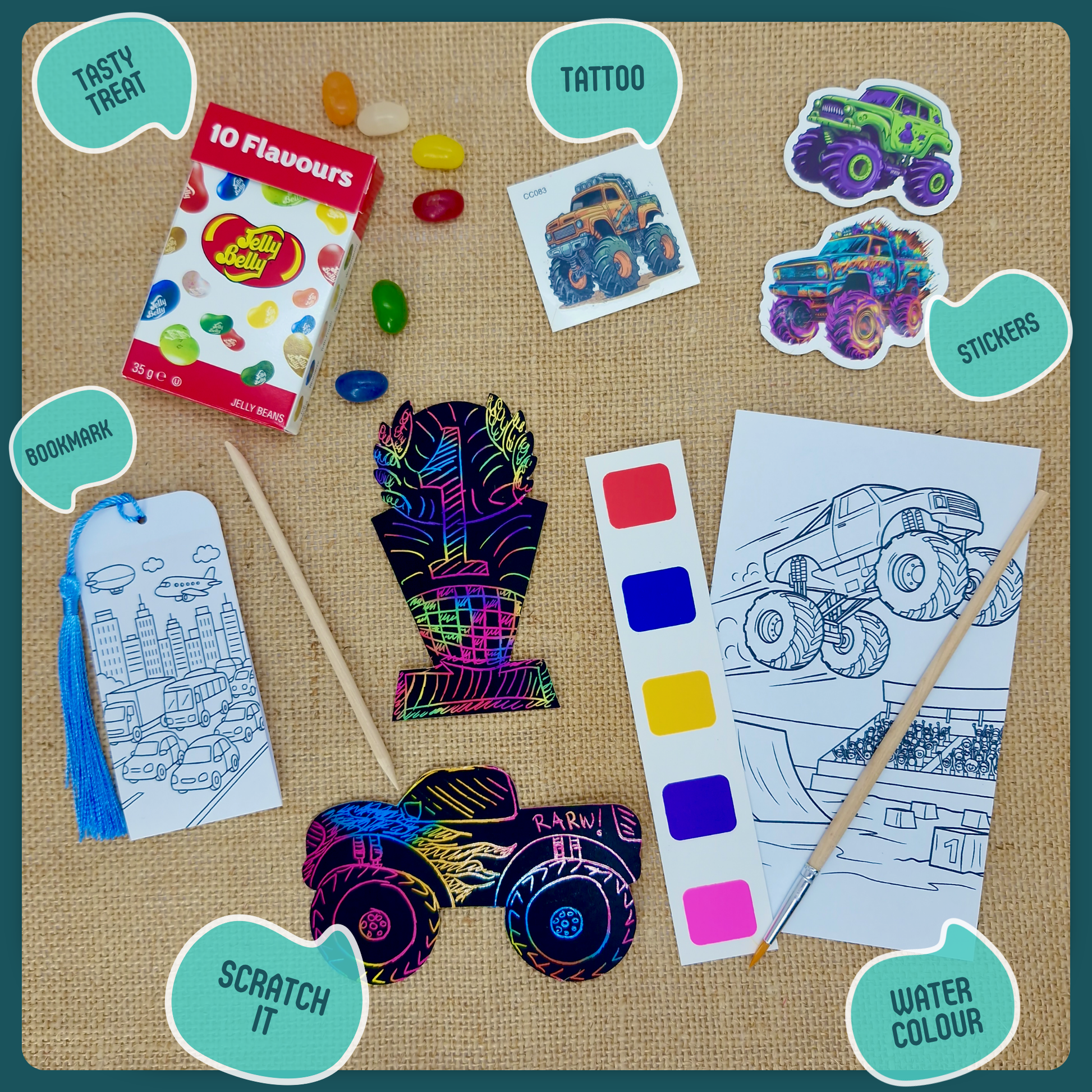 Assorted party bag items including coloring pages, stickers, and scratch art on a textured surface.