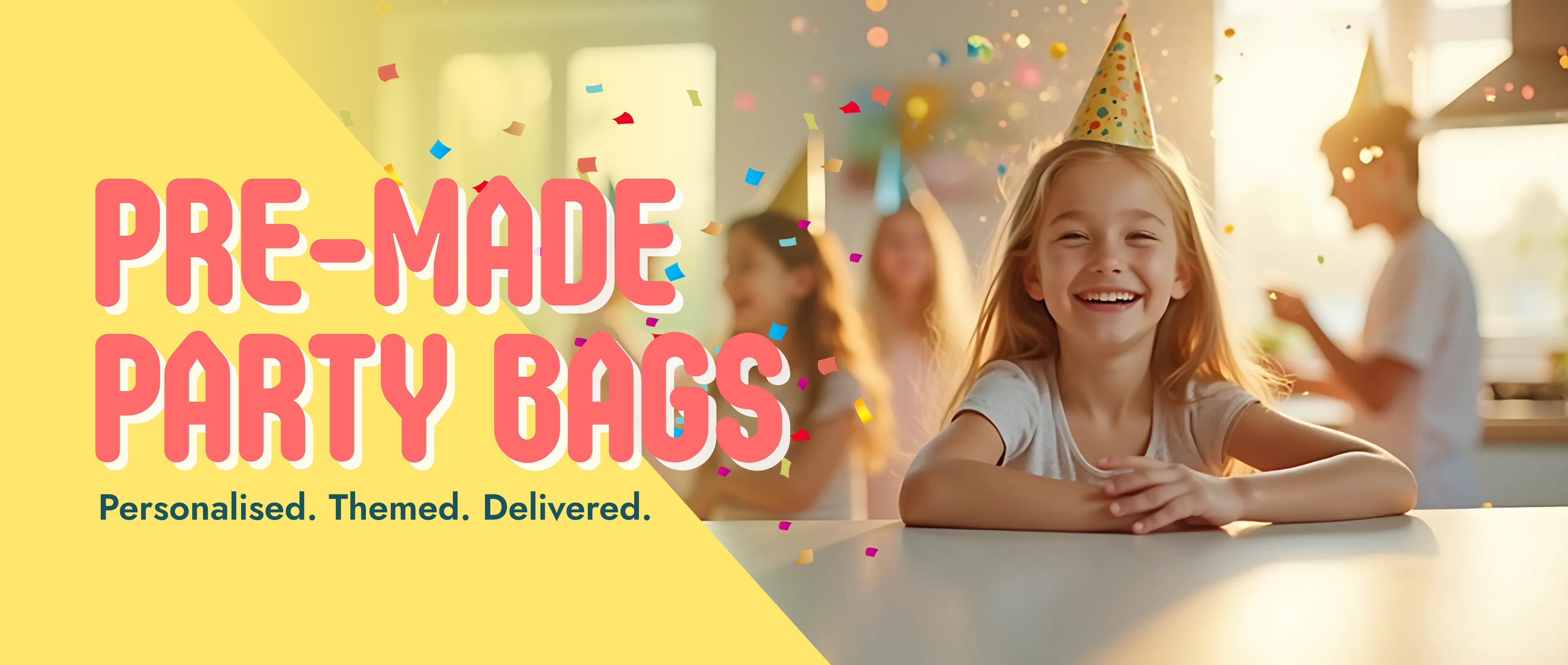Child wearing a party hat with confetti, text 'Pre Made Party Bags' on a yellow background