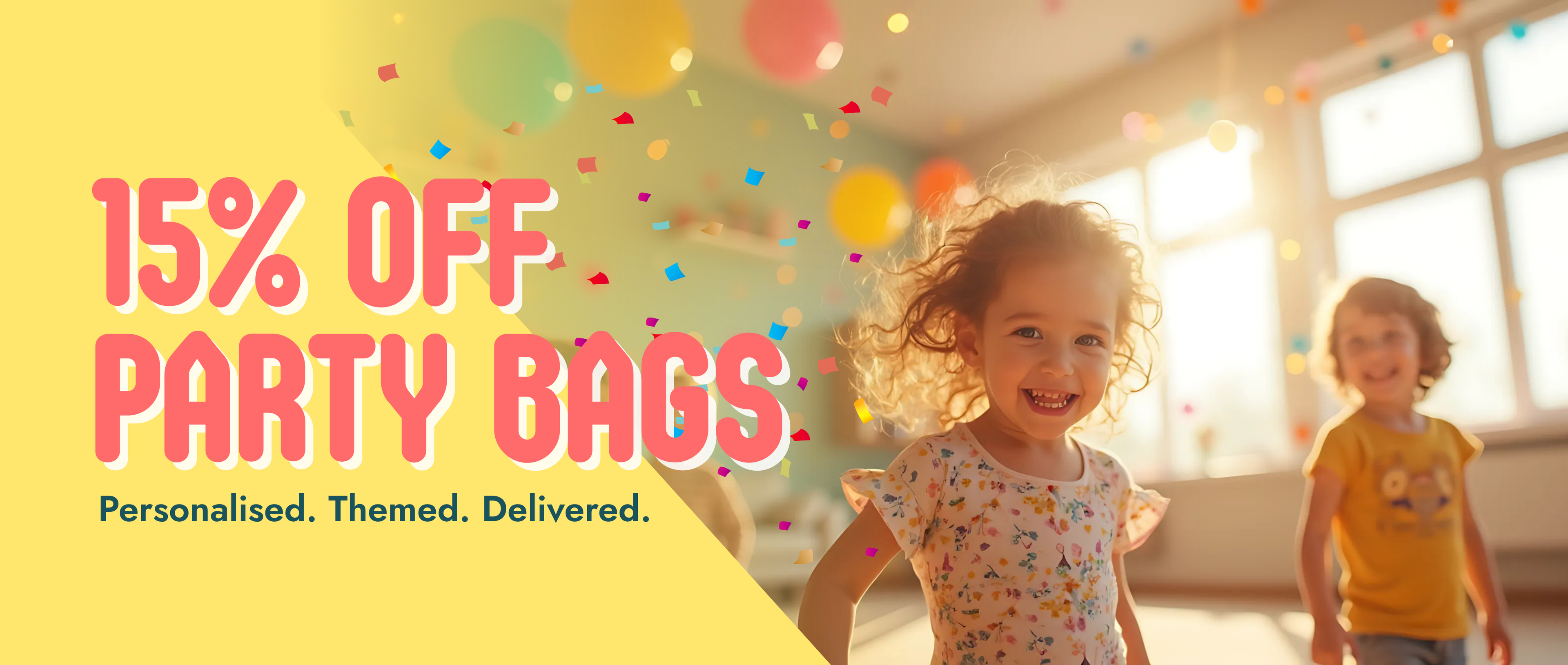 Children in a room with colorful balloons and text about party bags.