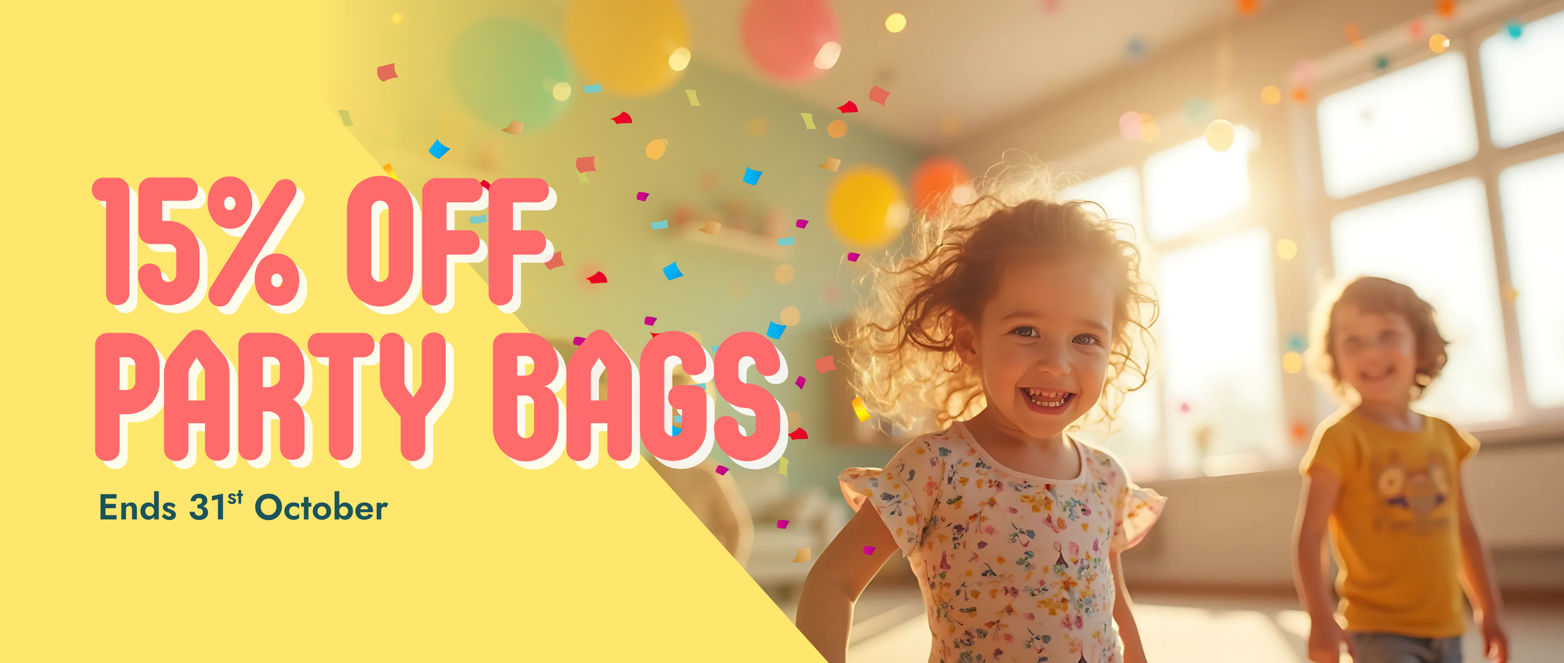 Children in a room with colorful balloons and text about party bags.