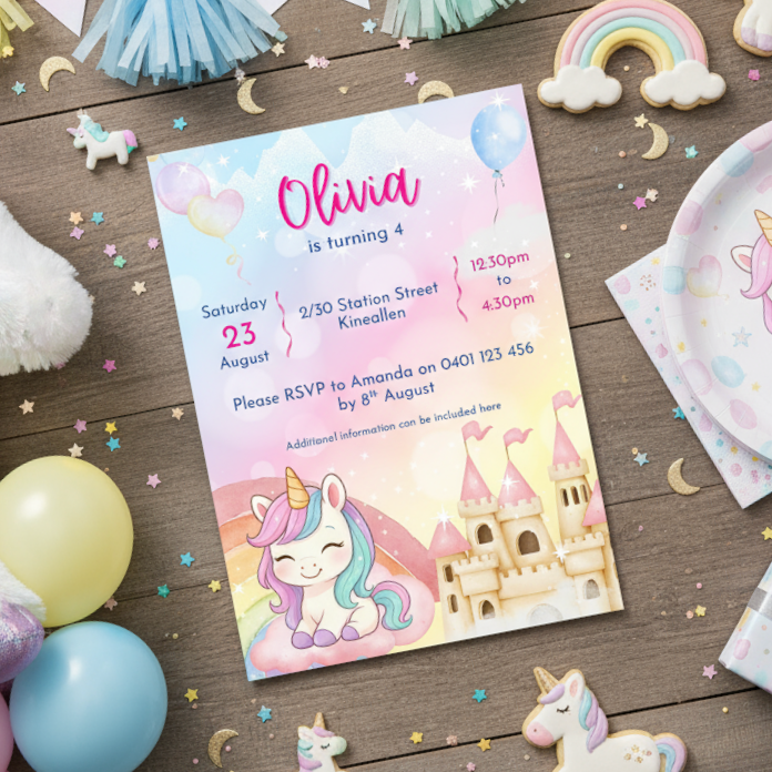 Unicorn-themed birthday party invitation with decorations on a wooden table