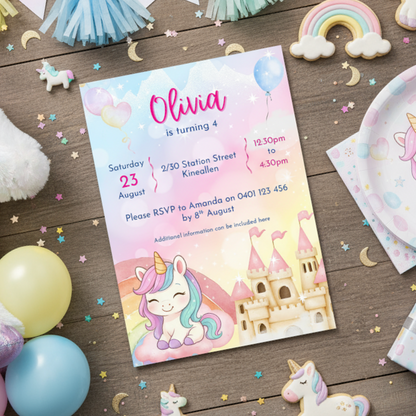 Unicorn-themed birthday party invitation with decorations on a wooden table